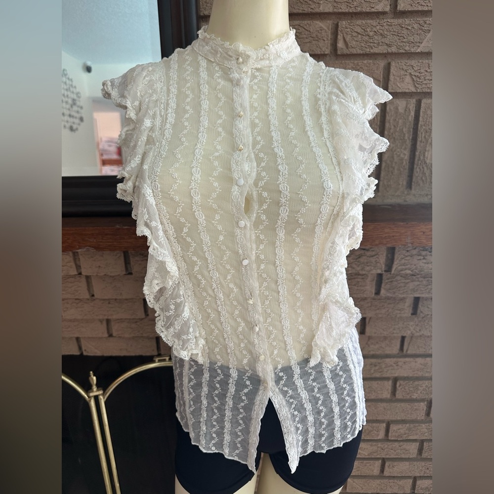 Johnny Was Sheer Lace Ruffle Blouse - Cream